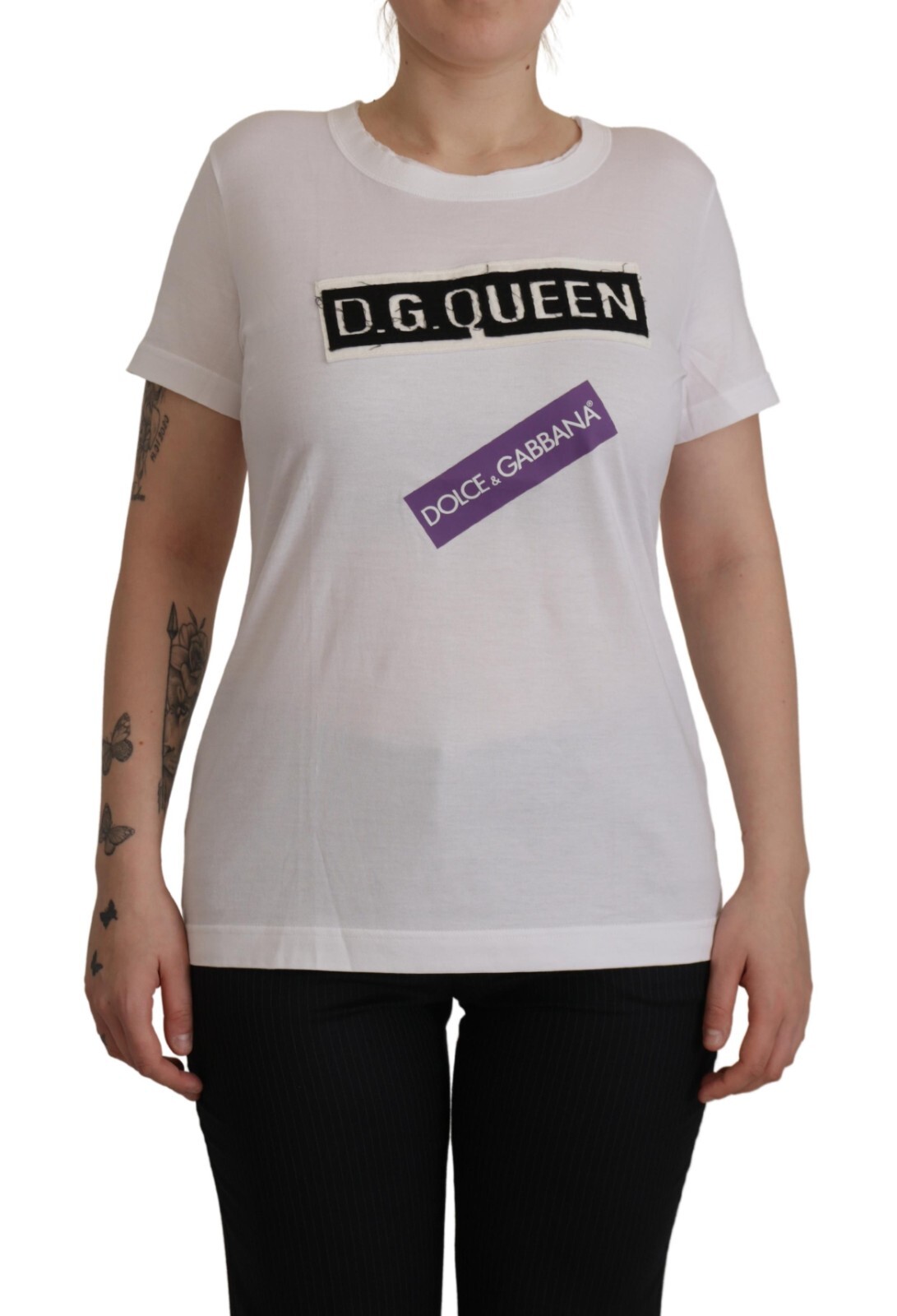 

DOLCE - GABBANA Футболка из хлопка белого цвета с круглым вырезом и нашивкой DG Queen IT44/US10/ 550 долларов США, Белый