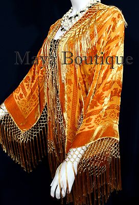 Pre-owned Maya Matazaro Orange Kimono Silk Burnout Velvet Fringe Jacket Short  Made In Usa