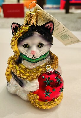 Holiday Kitten Black White Cat Tinsel Old World Christmas Glass Ornament