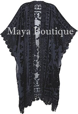 Pre-owned Maya Matazaro Lace & Burnout Velvet Kimono Caftan Jacket Duster Black  Plus