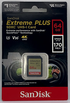 SanDisk Extreme 64GB SDXC 170 MB/S 600X UHS-1 SD Class 10 Memory Card U3 Camera