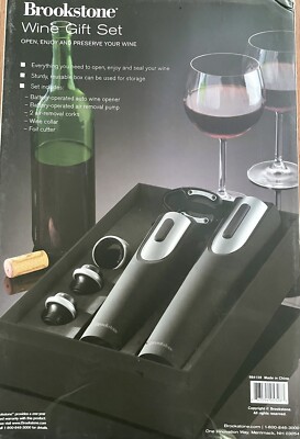 Brookstone Wine Gift Set Black & Silver Electric Wine Opener Preserver NEW