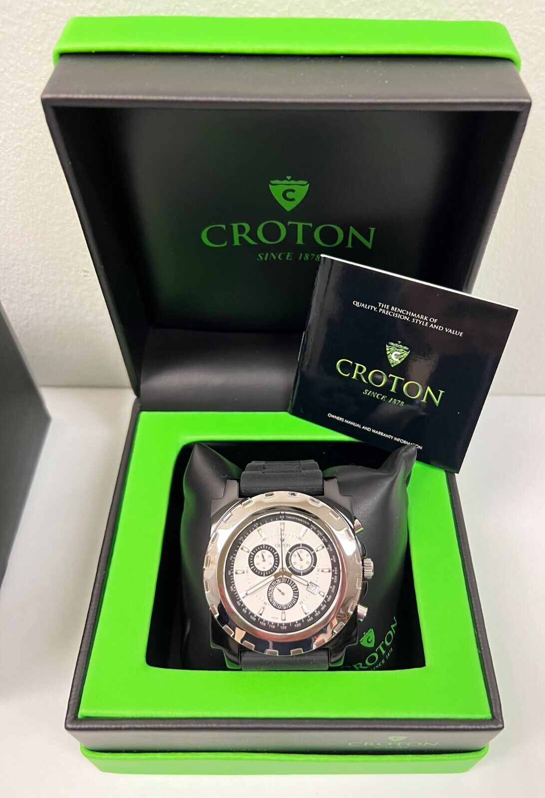Pre-owned Croton Duratron Chronograph, Men's Watch Black Band White Face-new