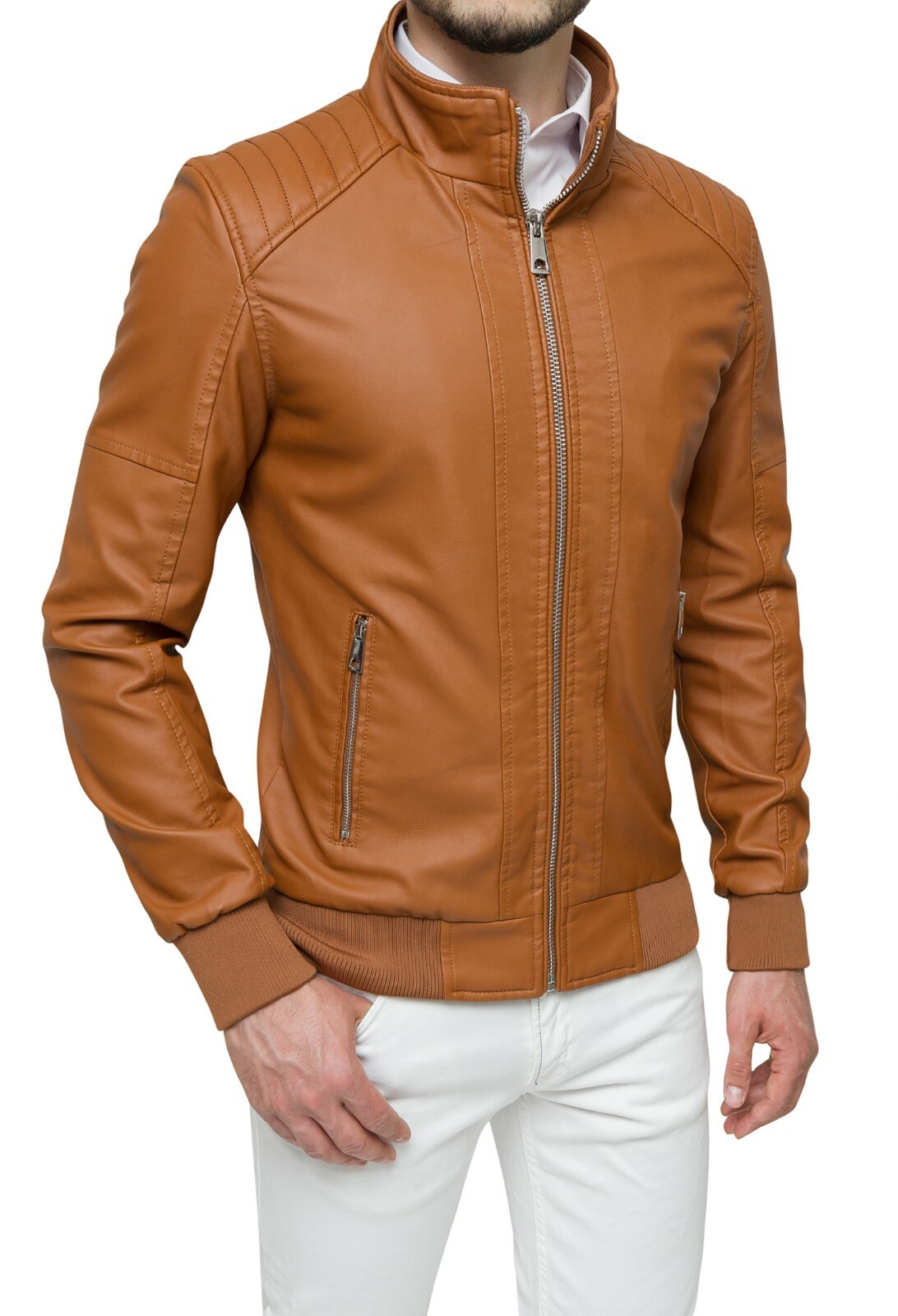 Giubbotto giacca uomo in ecopelle beige sabbia casual elasticizzato