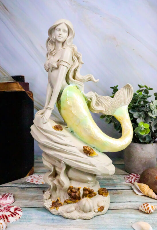 Ebros Ocean Ariel Mermaid Sitting On Sea Rock Figurine 11.5"H Aquamarine Goddess