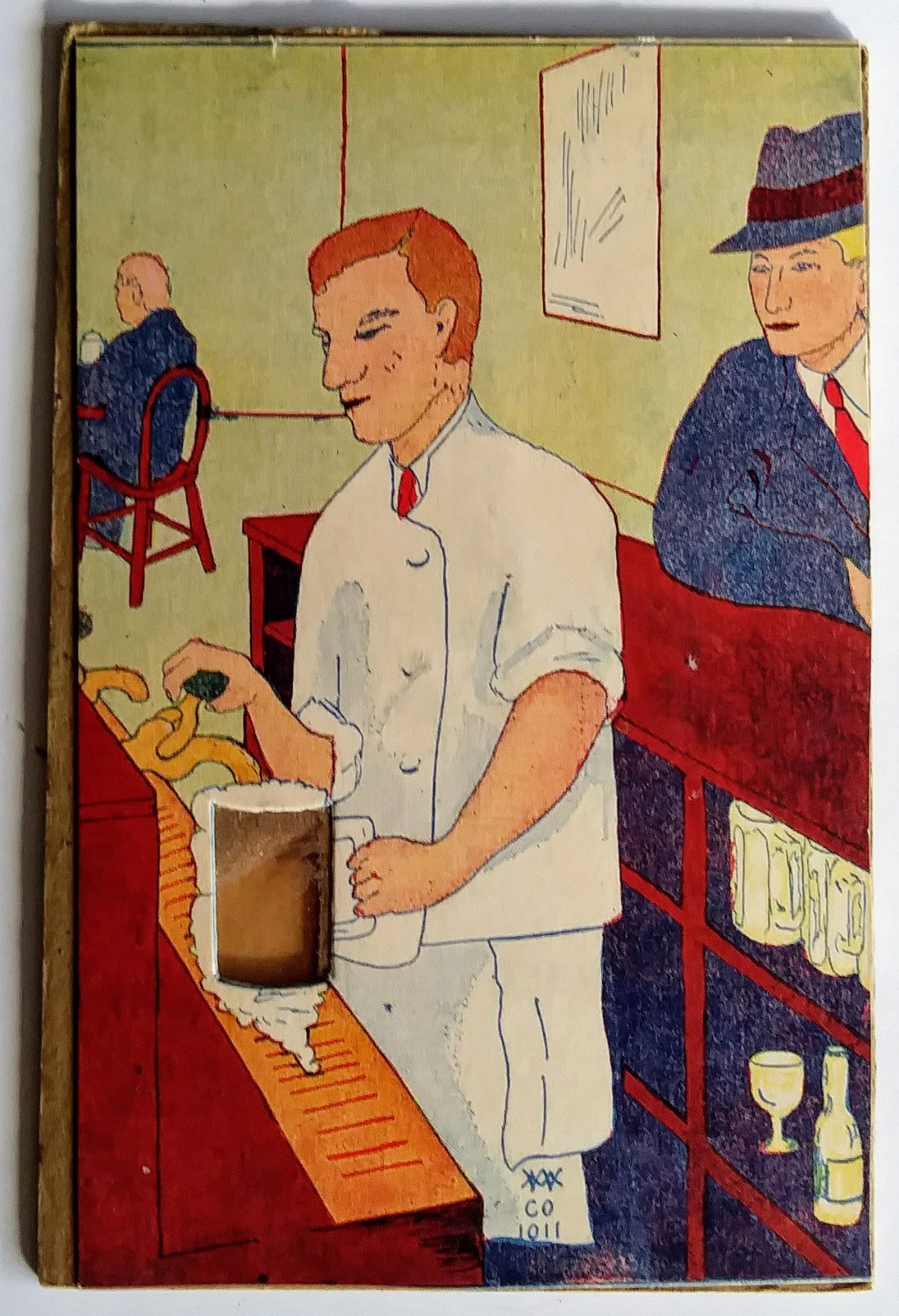 Vintage MECHANICAL SAND novelty postcard BEER bartender Breweriana LITHO 1940s