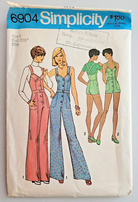 70s Simplicity Sewing Pattern 6904 Misses Jumpsuit w/Suspenders Size 8 CUT