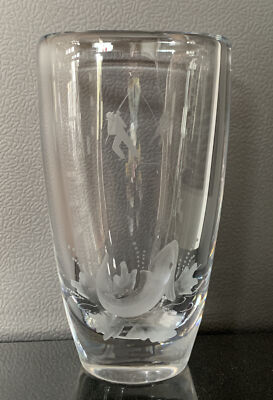 Reijmyre 7.5  Crystal Glass Vase ~Going Fishing ~Koi Fish ~River Fishing ~Etched