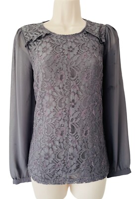 Oasis Grey Lace Top - Size Small UK 8-10 - Floral Boho Gothic Blouse Shirt BNWT 