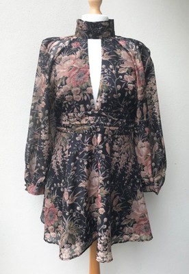OASIS Flower/Bird Organza Cut Out Skater Dress w/ Balloon Sleeves - 16 - BNWT