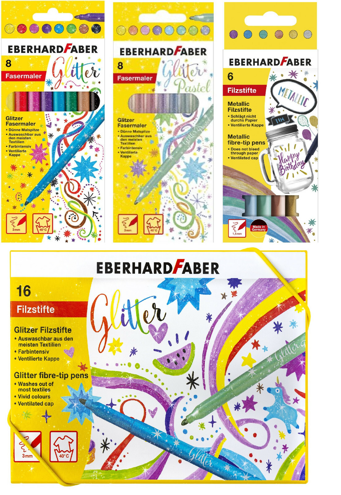 EBERHARD FABER Glitzer Filzstifte in Pastell & Metallic - 6er, 8er & 16er Etuis