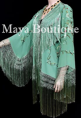 Pre-owned Maya Matazaro Embroidered Silk Fringe Jacket Kimono Tiffany Green Hand Dyed  Usa