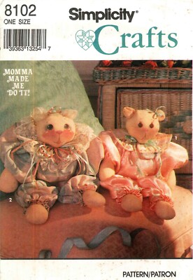 Dressed Bear & Cat Doll Pattern Simplicity 8102 Uncut 12.5'' Jumpsuit Collar