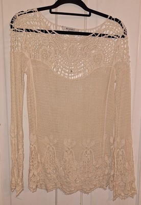 Acemi Crochet Top Longsleeve Cream Size Small Sheer Grannycore Beachside Boho