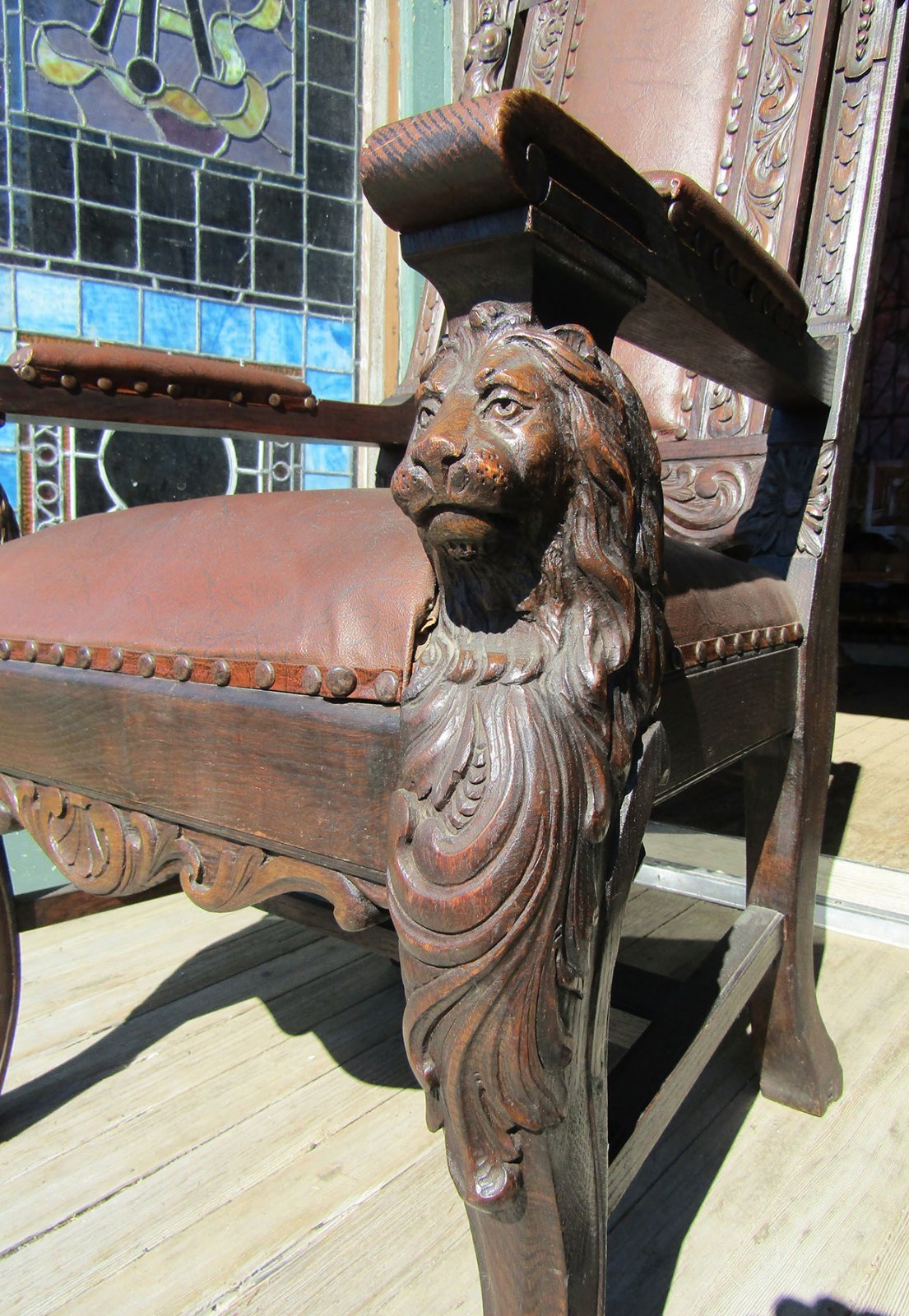 VICTORIAN CONTINENTAL FIGURAL CARVED OAK ARM CHAIR LIONS MAIDENS NORTHWIND
