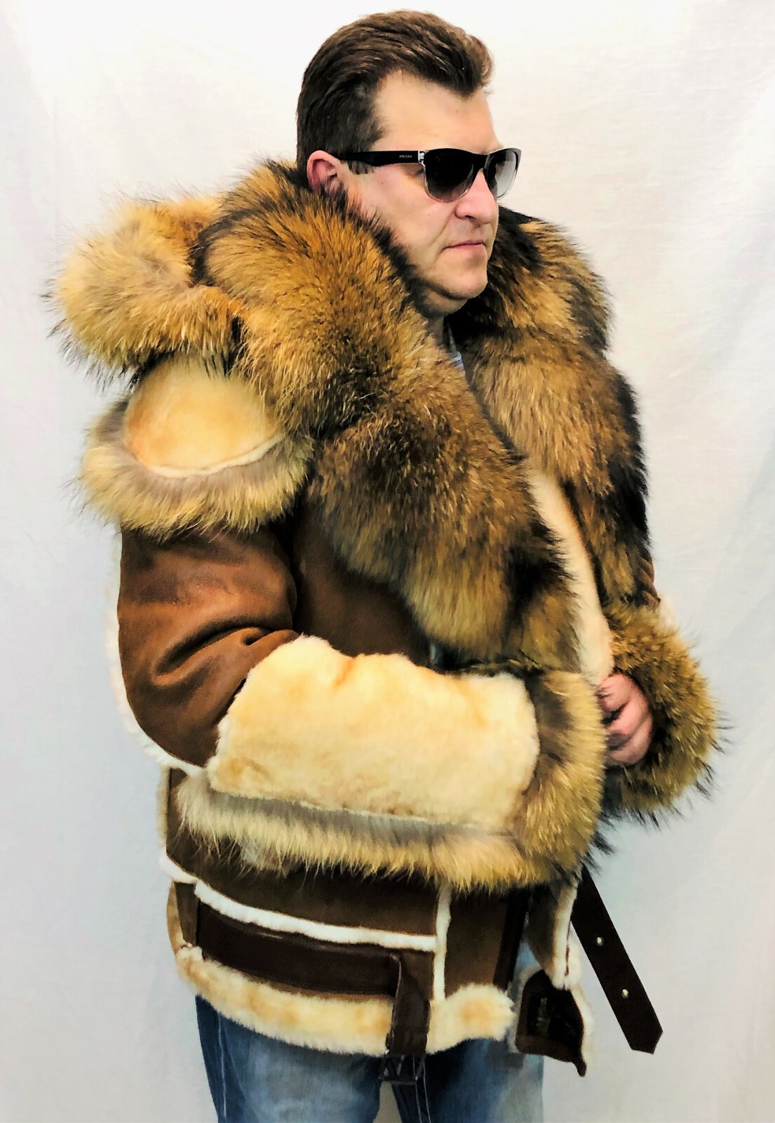 Pre-owned Victoria Real 100% Sheepskin Shearling Leather Real Raccoon Bomber B3 Coat Jacket S-8xl In Brown