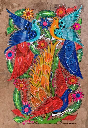 15 1/2 X 23" Mexican Folk Art Amate Bark Painting Aztec Love Bird Peacock Flower