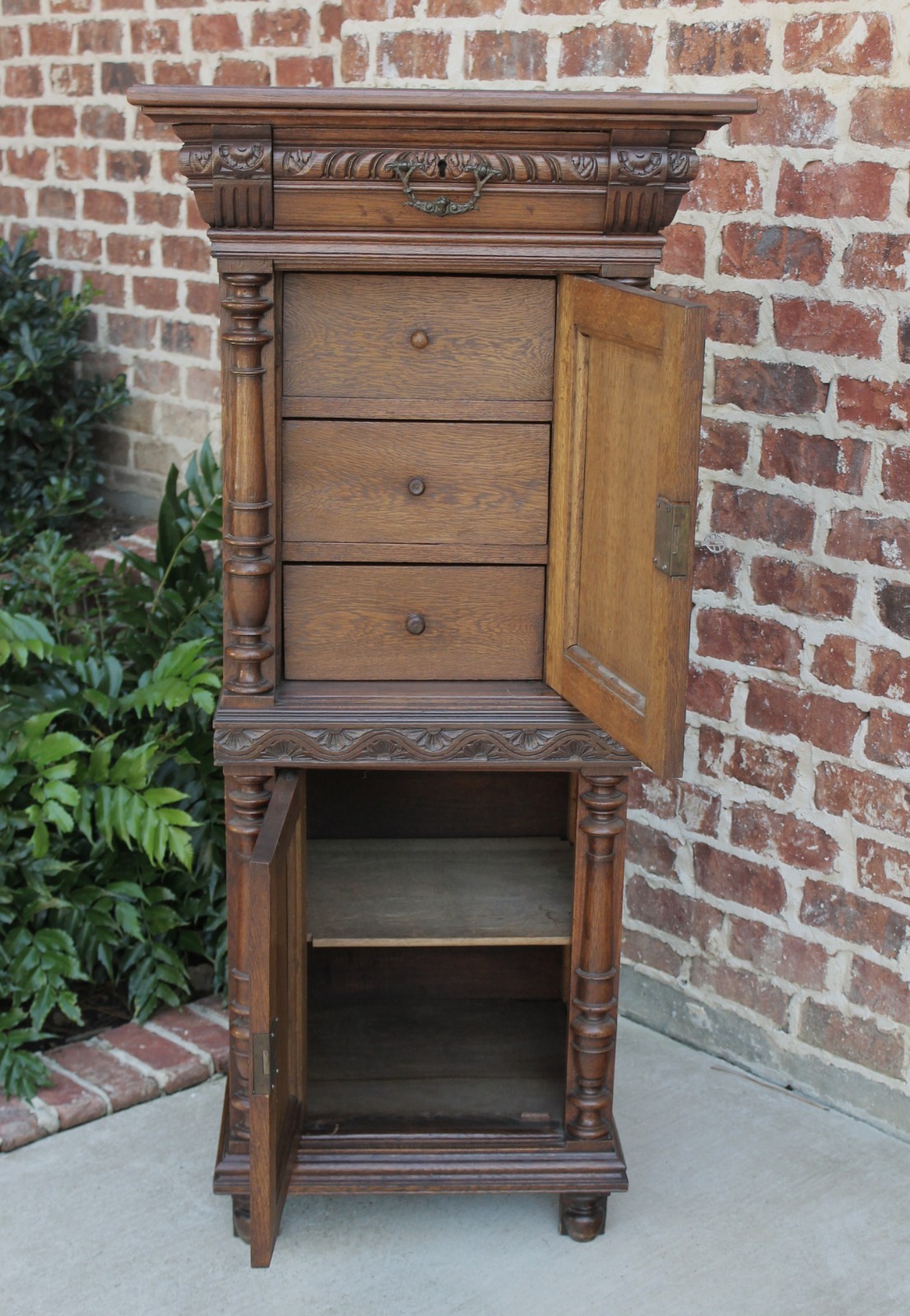 Antique French Oak Renaissance Jewelry Lingerie Cabinet Chest Interior Drawers