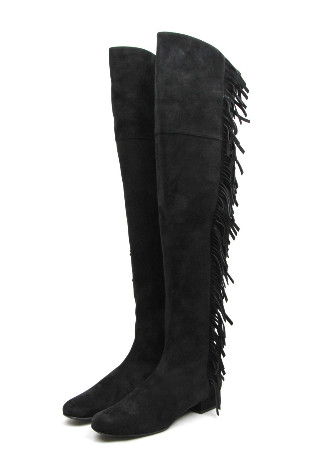 Pre-owned Saint Laurent Woman's Black Suede Over The Knee Fringed Boots 438270 1000