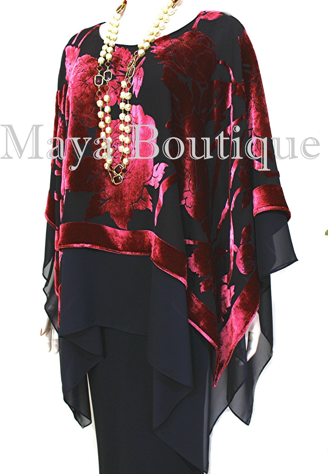Pre-owned Maya Matazaro Layered Poncho Top Silk Burnout Velvet & Chiffon Red & Black