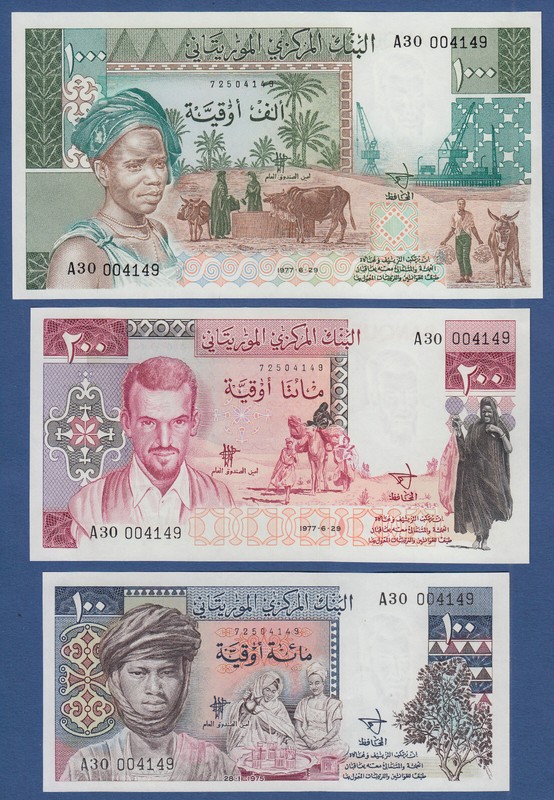 Mauretanien Mauritania 100 + 200 + 1000 Ouguiya 1975 / 1977 Unc  P. 3a , 3b , 3c