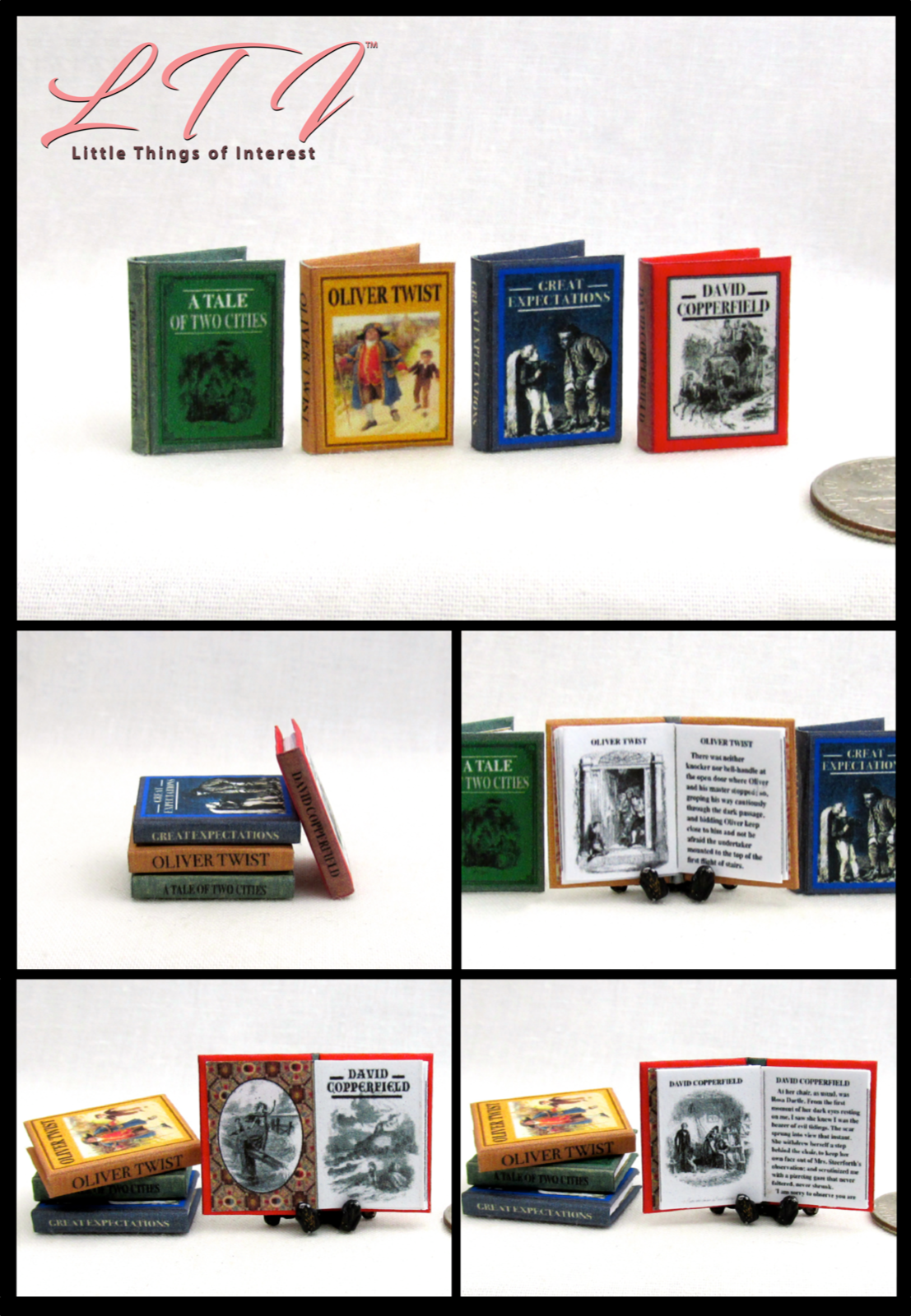 CHARLES DICKENS 4 Pc 1:12 Scale Miniature Readable Illustrated Books