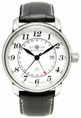 Pre-owned Zeppelin Lz 127 Transatlantic Gmt | Black Leather Strap | White Dial 7642-1