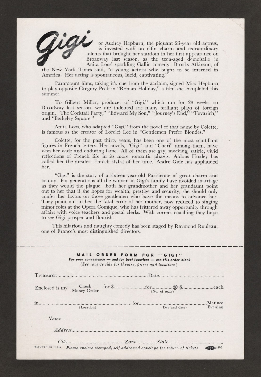 Audrey Hepburn (Debut) "GIGI" Michael Evans / Anita Loos 1952 Chicago Flyer