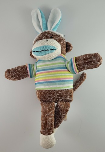 Dan Dee Easter Bunny Sock Monkey Blue Green Pink Ears Brown Stuffed Animal Plush