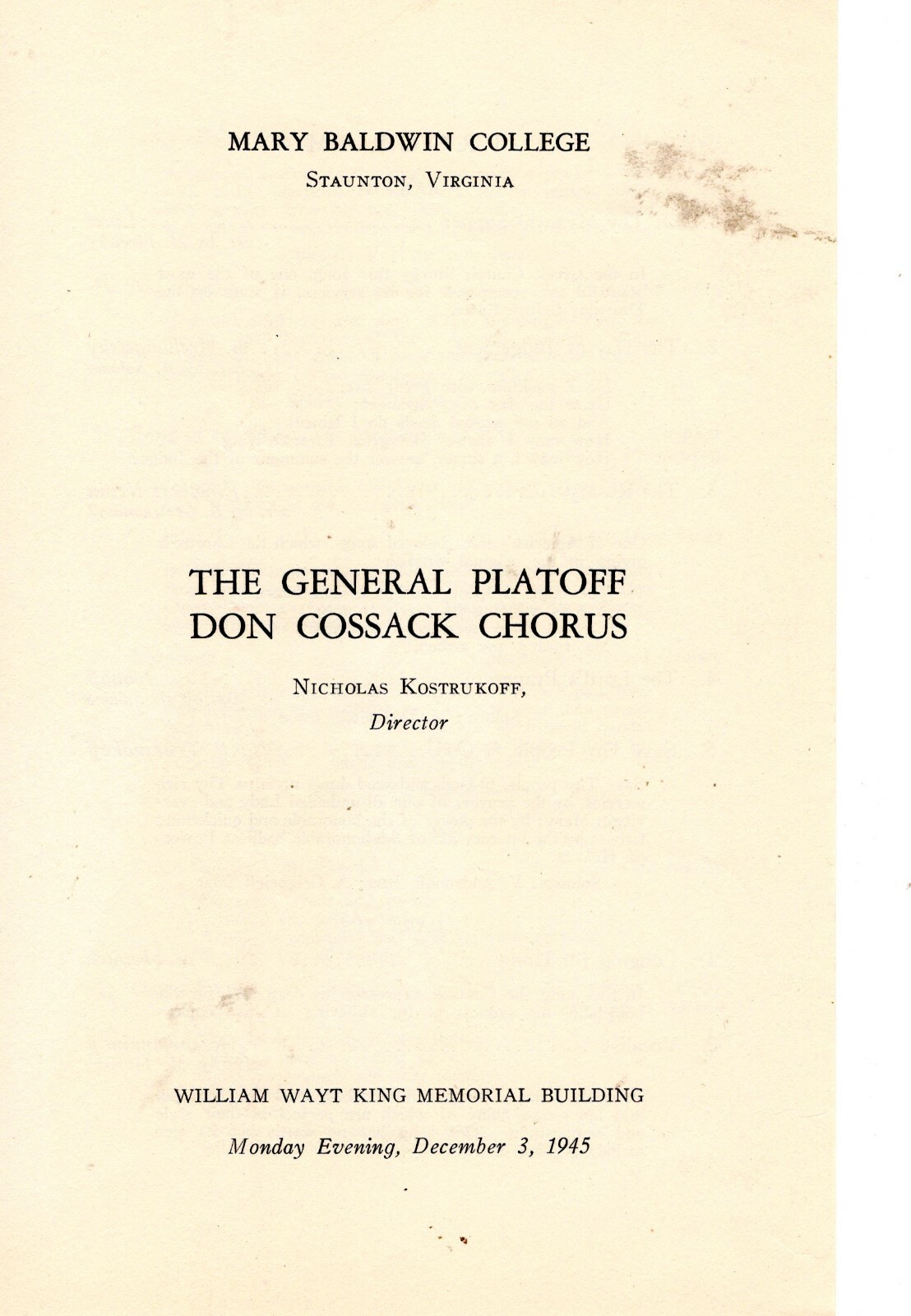 1945 Don Cossack Chorus Gen Platoff & Mary Baldwin College Souvenir Programs