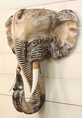 Wooden Whitewashed Hand Carved Elephant Wall Bust Sculpture Hanging Decor Statue