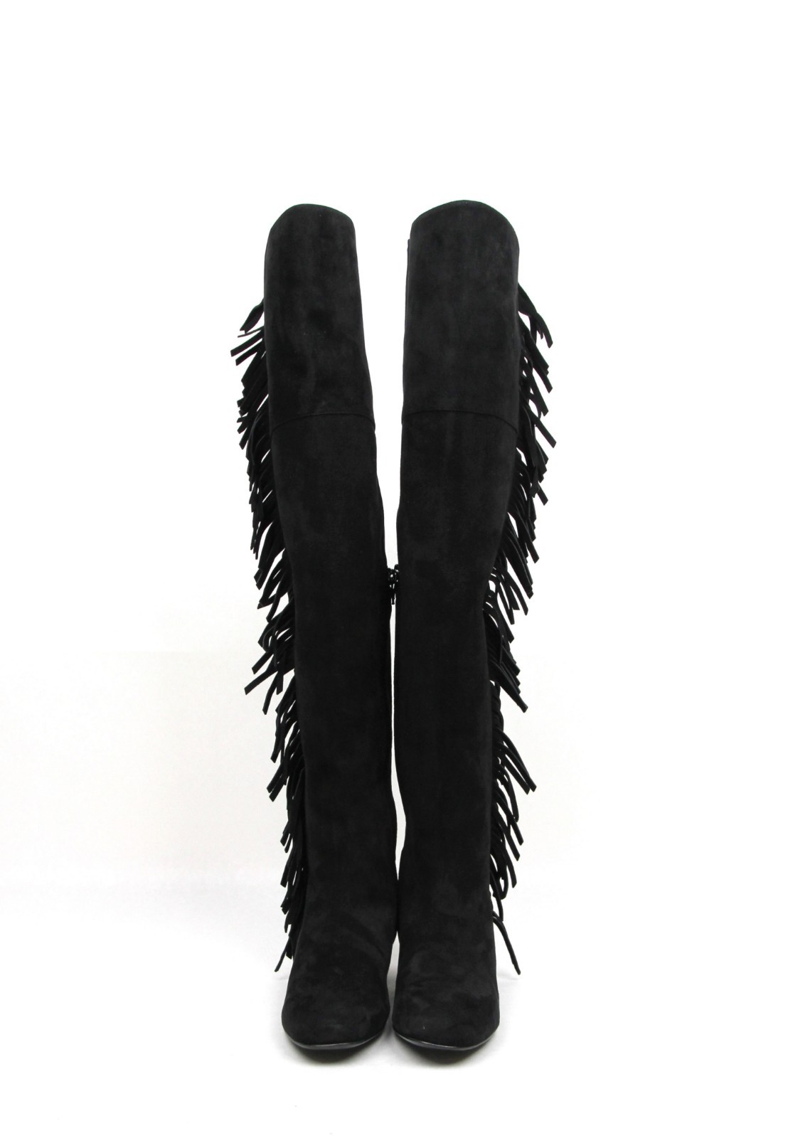 Pre-owned Saint Laurent Woman's Black Suede Over The Knee Fringed Boots 438270 1000