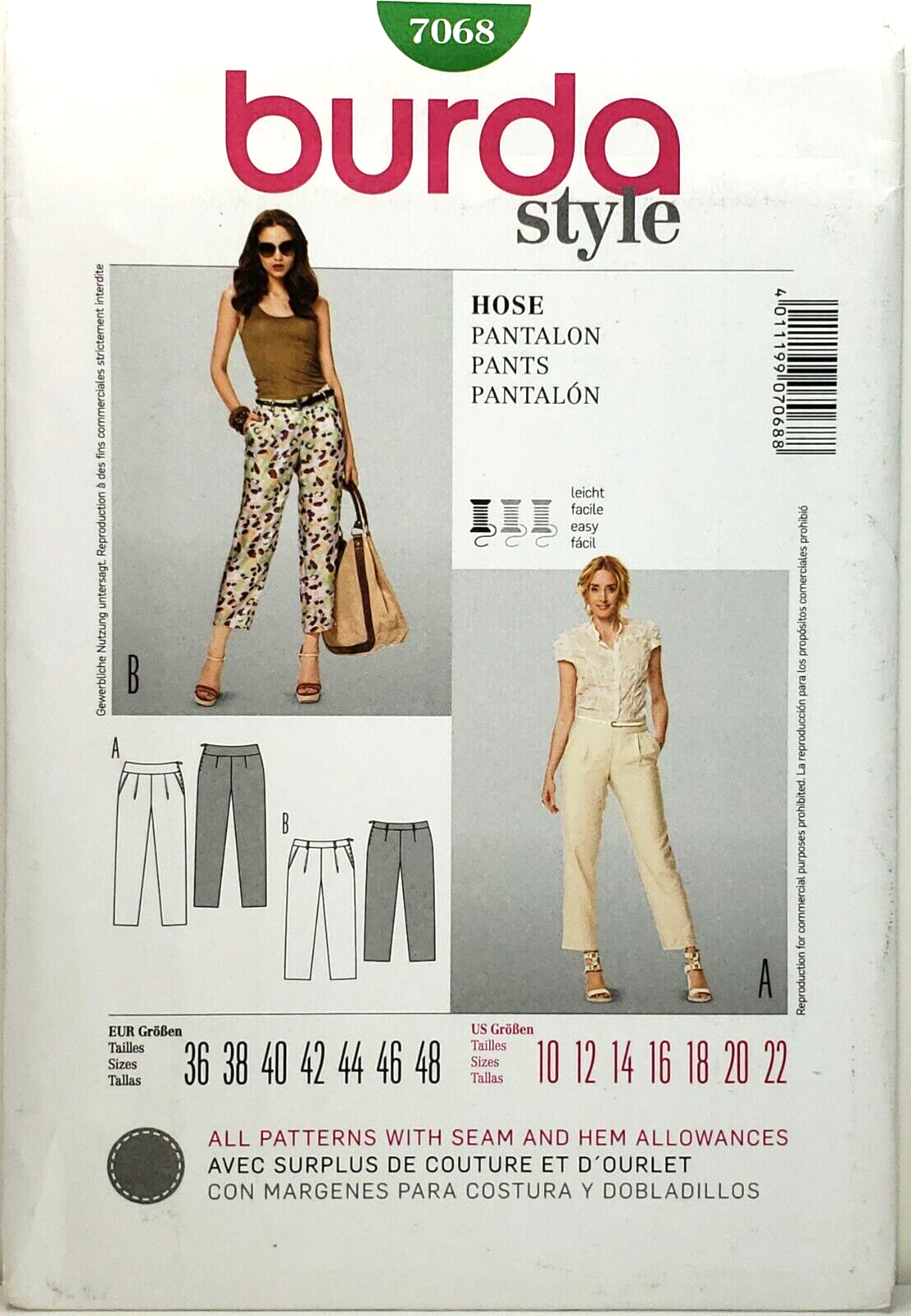 Burda 7068 Clam Diggers & Ankle Pants Sz 10-22 UNCUT Pattern