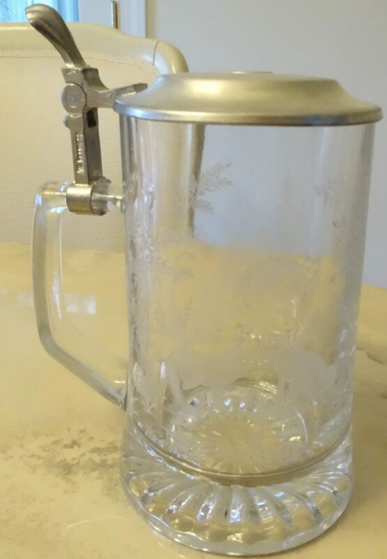 Vintage ALWE Lidded BEER STEIN Etched Glass Foxes West Germany