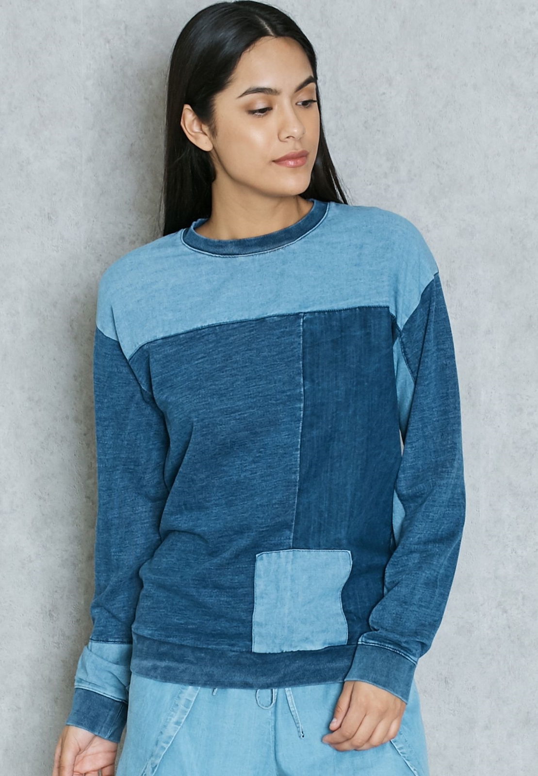 Women's Topshop Denim Patchwork Sweatshirt Size US 4 Blue 151755