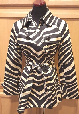 Pre-owned Coach F84238 Navy/beige Zebra Signature Belted Doublebreasted Trench Coat $378 In Blue