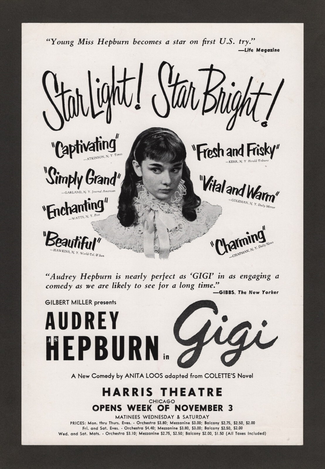 Audrey Hepburn (Debut) "GIGI" Michael Evans / Anita Loos 1952 Chicago Flyer