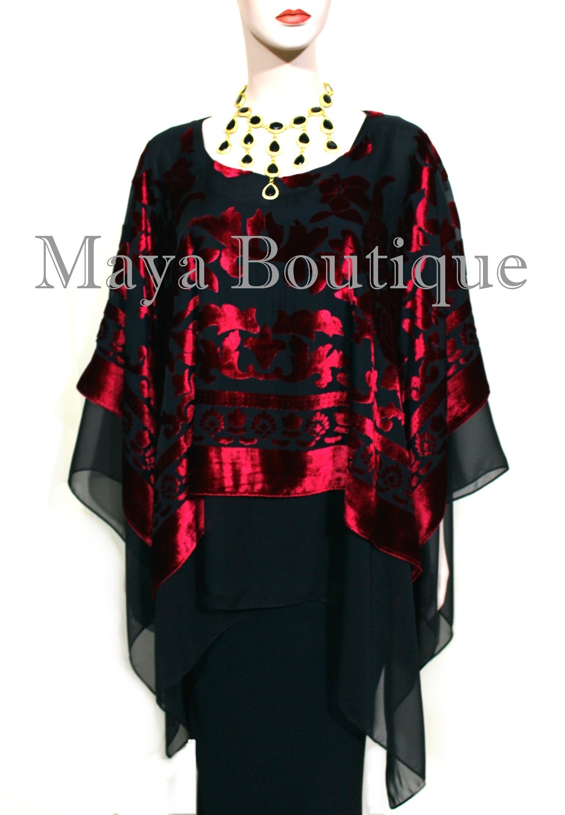 Pre-owned Maya Matazaro Maya Hand Dyed Layered Poncho Top Red Black Burnout Velvet & Chiffon Made In Usa