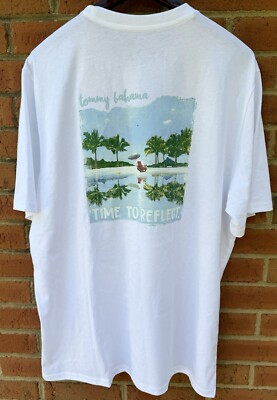$50 TOMMY BAHAMA MENS 'TIME TO REFLECT' HAWAIIAN ALOHA WHITE TEE T SHIRT L LARGE