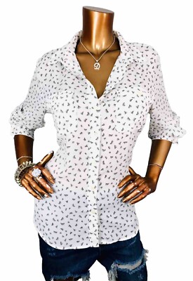 Ann Taylor Loft M Top Eyelash Prints Black White Button Up Shirt Blouse Long Slv
