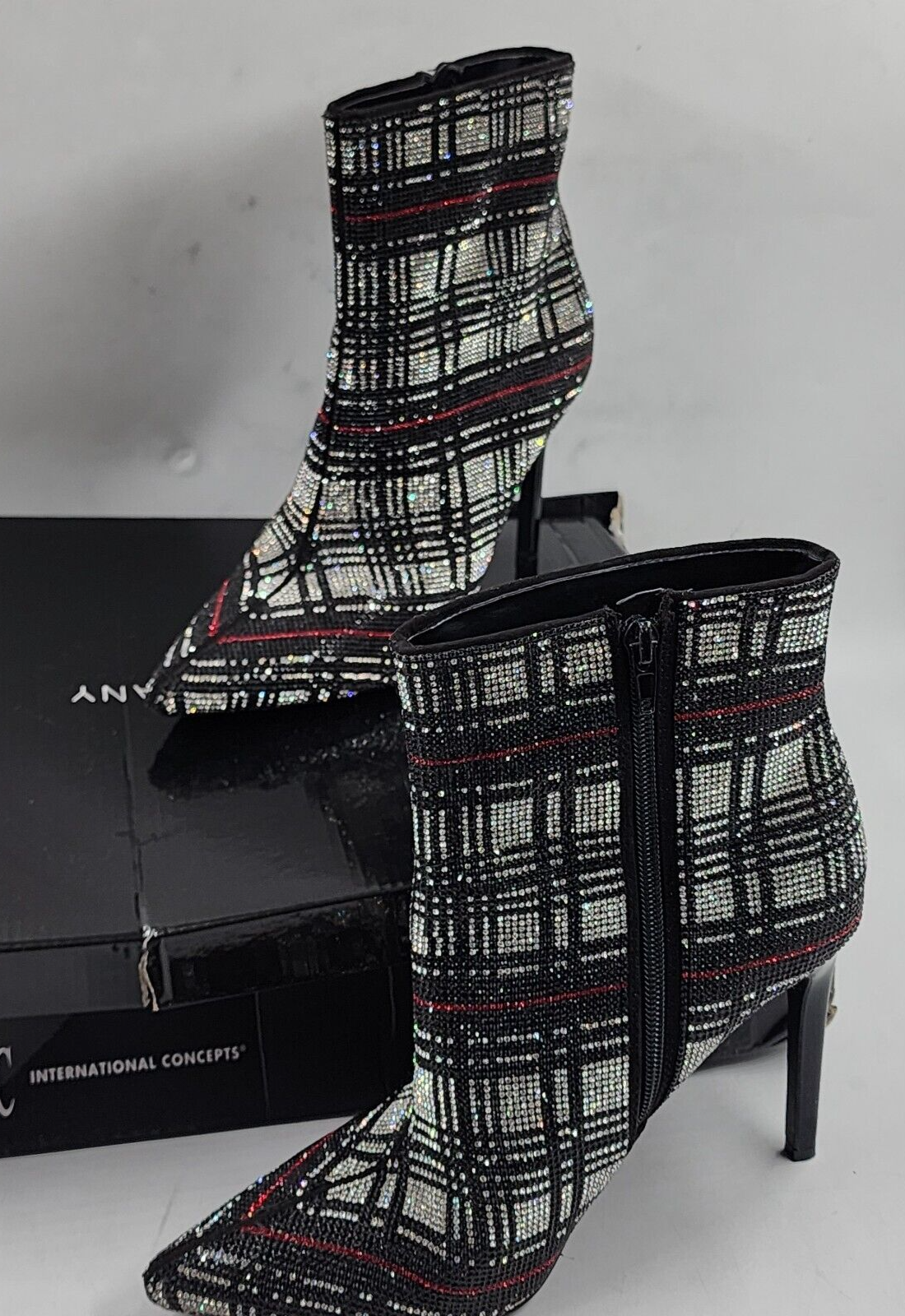 INC Reisa 4 Rhinestone Plaid Booties Women's 8.5M Multi Pointed Toe Stiletto - Picture 4 of 17
