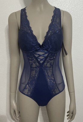 Prima Valentina Navy Lace Teddy V Neck Padded Cup Sheer Bodysuit Sz Med NWT