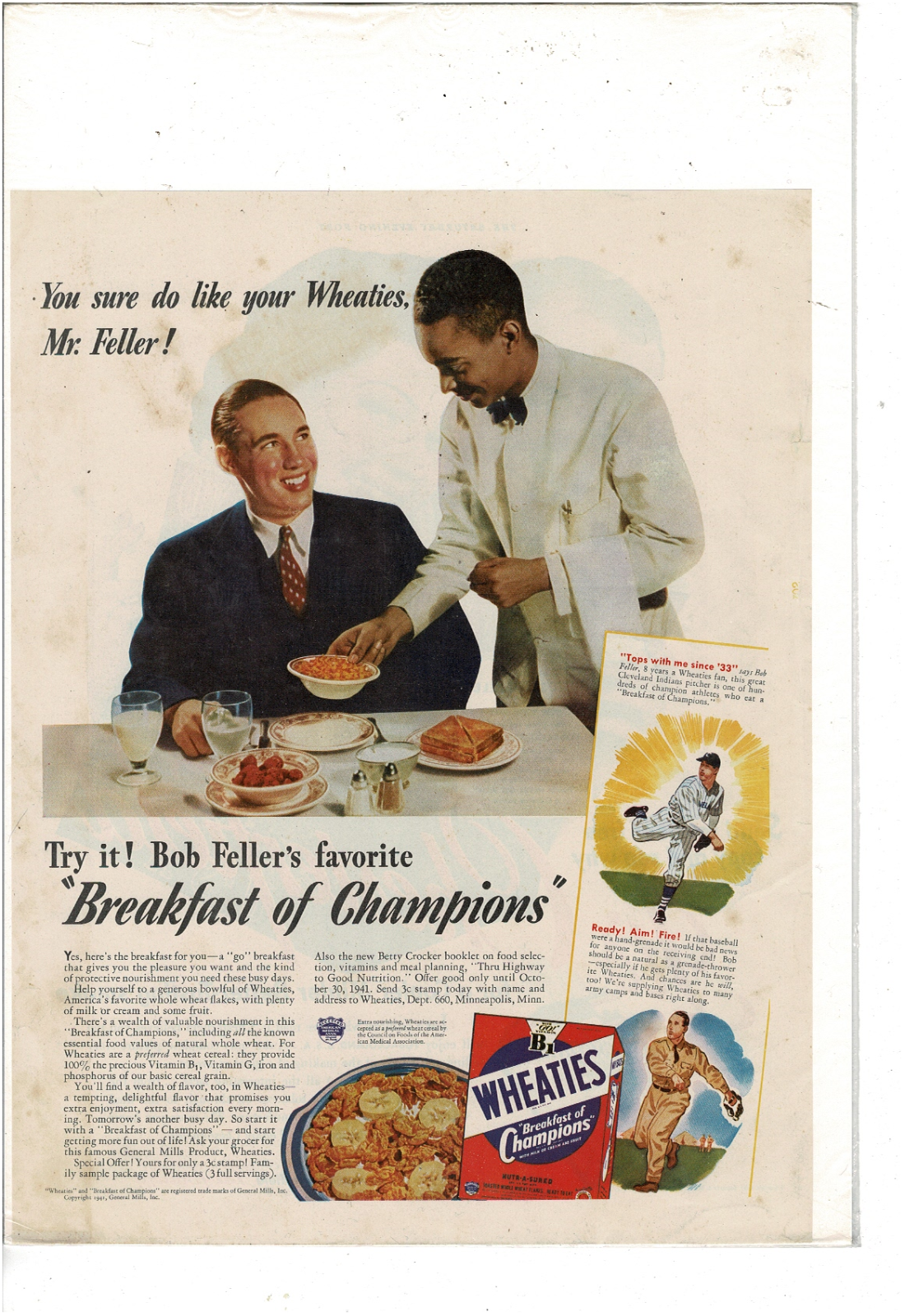 1941 Wheaties Breakfast Of Champions Bob Feller Baseball Pitcher Ad Print G772のebay公認海外通販 セカイモン