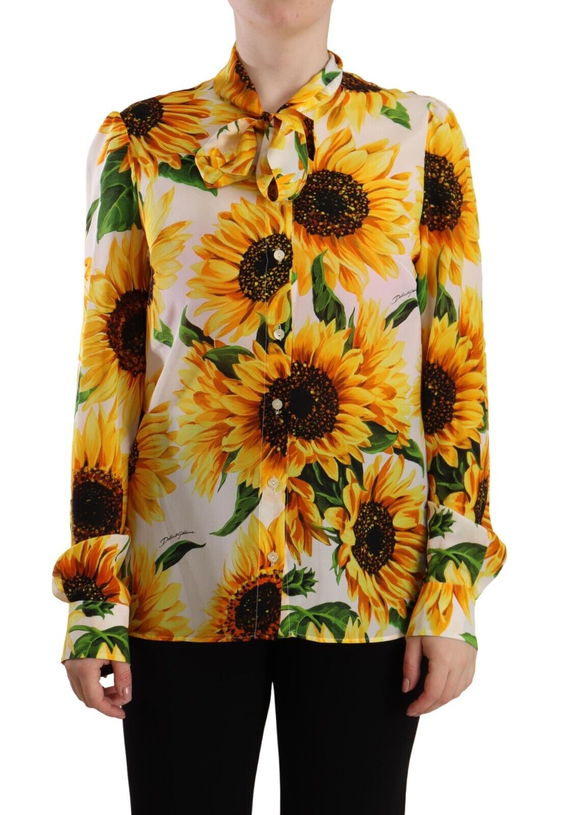 Dolce & Gabbana BI0770A10018M073 関税送料込 DOLCE & GABBANA Top White Sunflower Silk Ascot Collar Blouse