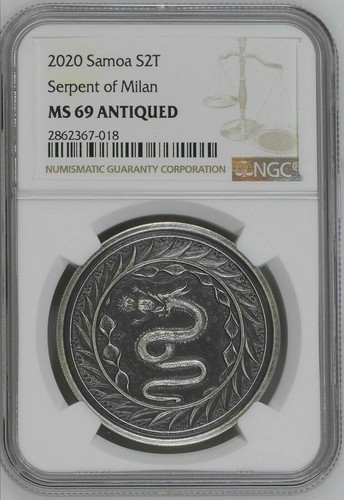 2020 SAMOA 2 TALA - SERPENT OF MILAN .999 SILVER COIN - NGC MS69  ANTIQUED