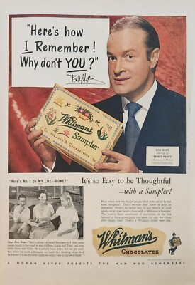 1950 Whitmans Chocolate Candy Vintage Ad Bob Hope I remember why dont you 323