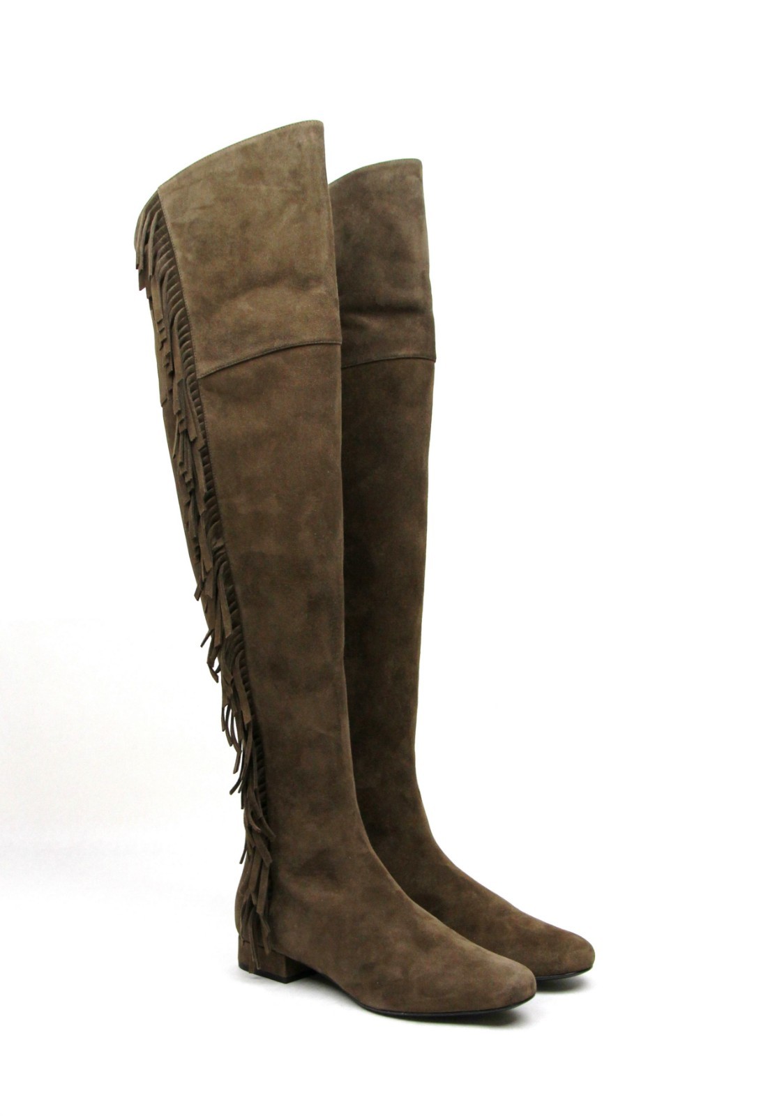 Pre-owned Saint Laurent Woman's Brown Suede Over The Knee Fringed Boots 438270 2532