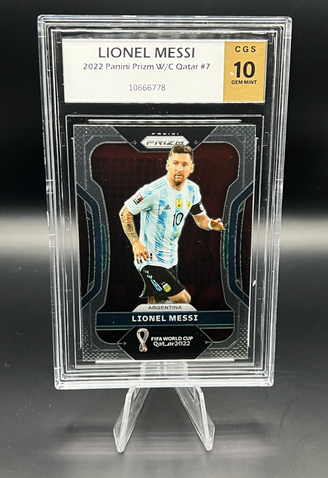 2022 LIONEL MESSI PANINI PRIZM WORLD CUP QATAR #7 CGS GRADE