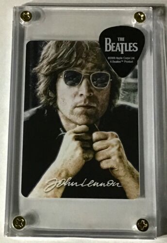 Very Nice John Lennon playing card / official Beatles logo guitar pick display!
