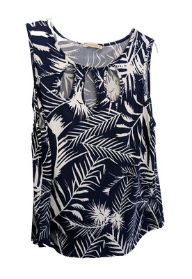 Coco's CloZet Women's XL Tunic Top Navy/White Tropical Leaf Pattern Sleeveless 